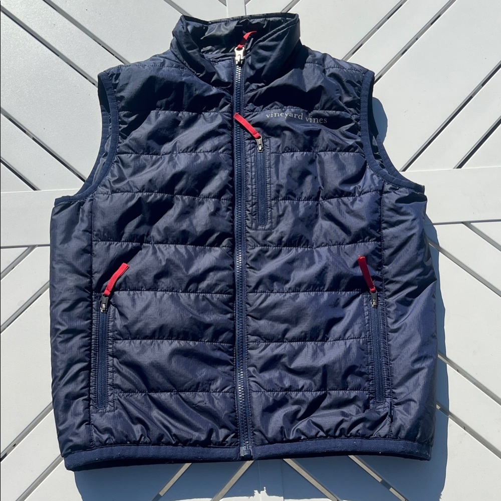 Vineyard Vines Boys Dark Blue Quilted Vest with Red Zipper Pulls